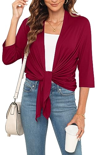 Image of Veryoung 3 /4 Sleeve Tie Front Cardigan for Women Soft Drape Open Front Light Waterfall Cardigan Fall Shrug Irregular Hem