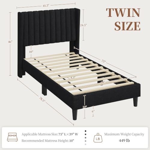 Image of Yaheetech Twin Bed Frame with Headboard,Black Channel-Tufted Platform