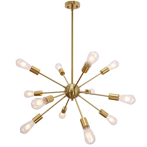VINLUZ Modern Sputnik Chandelier 12 Light Brushed Brass Mid Century Pendant Lighting Rustic Ceiling Lights Fixtures for Dinning Room Kitchen Foyer