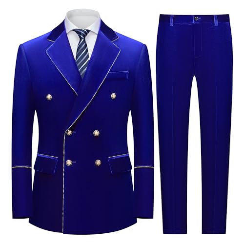 MOGU Men's 2 Piece Velvet Suit Double Breasted Tuxedo Slim Fit Set Gold Buttons Suits Party Casual Formal