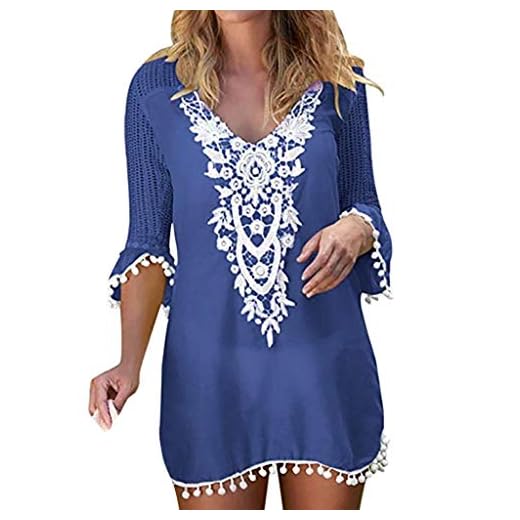 Kanpola Boho Strandkleid Damen Strandtunika Luftige Sommerkleider Kurz Bikini Cover Up Elegant V-Ausschnitt Beachkleider Lose T-Shirt-Kleid