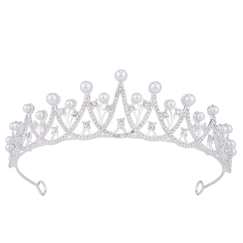 Image of Wedding Tiara, Vofler Bride Pearl Crown - Silver Crystal Rhinestone Headband for Women Queen Ladies Flower Girls Bridal Birthday Pageant Prom Homecoming Halloween Princess Diana Costume Party