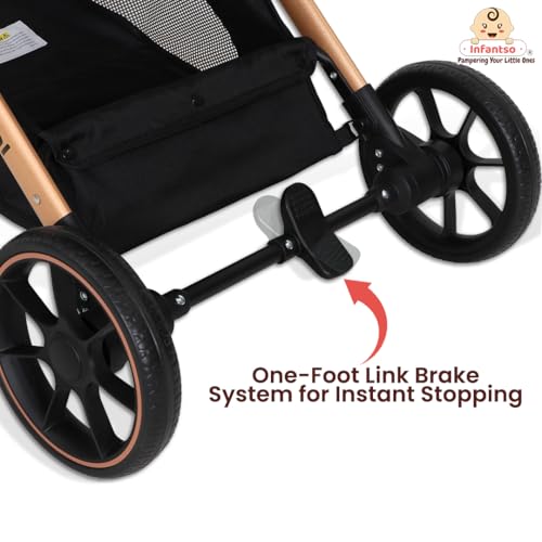 Image of Infantso GlideX Premium Baby Stroller / Pram, Reversible Handle, One-Hand Fold and 360 Rotating Wheels,, Travel Friendly, 5 Points Safety Harness, Extendable Canopy, Multilevel Recline, Adjustable Footrest, Easy Fold, Shock Absorption Wheels, for babies 0 to 3 years ( Golden Blue )