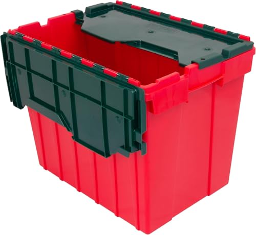 Image of Akro-Mils KeepBox 18 Gallon Storage Container, Nesting and Stackable Plastic Storage Box with Lid Attached, Organizer Tote for Garages, Closets, and Moving, 21 inch x 15 inch x 17 inch, Red /Green