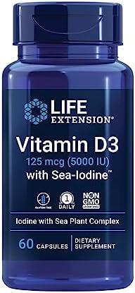 Life Extension Vitamin D3 125 mcg (5000 IU) with Sea-Iodine - For Bone, Immune Support & Inflammation Management - Thyroid & Adrenal Supplement – Gluten-Free, Non-GMO – 60 Capsules