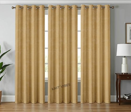 Image of 70-75% Room Darkening Window Curtains 5 Feet Long Set of 3 pcs for Living Room | Premium Polyester Grommet Curtain Panel, Golden