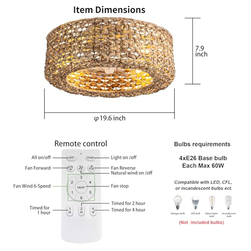 Jughtbo 0139-4H Handwoven Rattan Boho Ceiling Fans with Lights Remote Control Flush Mount Fandelier Low Profile Caged for Bedroom,4-Light,20" - Image 5