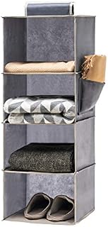 YOUDENOVA Hanging Shelves Wardrobe Storage Organiser 4 Shelves With Side Pocket Bedroom Storage Solutions for Clothes Shoes Grey