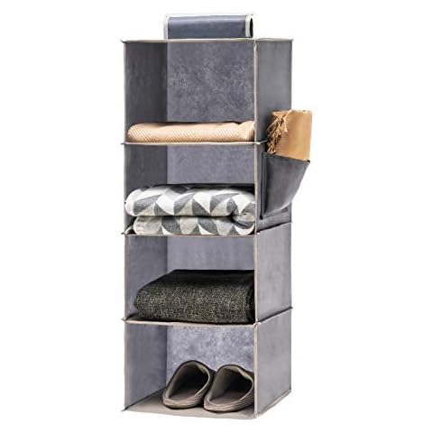 YOUDENOVA Hanging Shelves Wardrobe Storage Organiser 4 Shelves With Side Pocket Bedroom Storage Solutions for Clothes Shoes Grey Cover