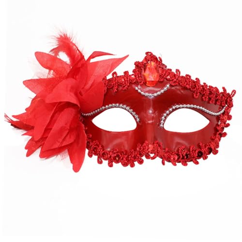 MYMENU Masquerade Mask for Women Shiny Rhinestone Venetian Masks for Halloween Costume Cosplay Party Prom Ball with Flower Decor (Red)