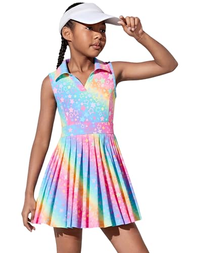 JiAmy Girls Tennis Dress V Neck Sleeveless Golf Polo Dresses Kids Fashion Back Cutout Pleated Dress Rainbow Star Printed 11-12 Y