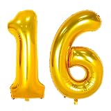 Large Gold 16 Balloon Number, 42 Inch 16th Birthday Decorations, Foil Mylar Big Helium Numbers Balloons for Birthday Anniversary Decorations Party Supplies