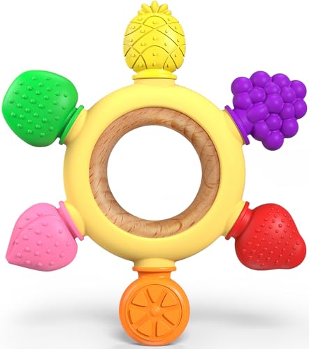 Image of GJZZ Baby Teething Toys Silicone Teethers BPA Free Fruit Shape with Wooden Ring Soothe Babies Gums for 0-3 6-12 Months Infants & New Borns