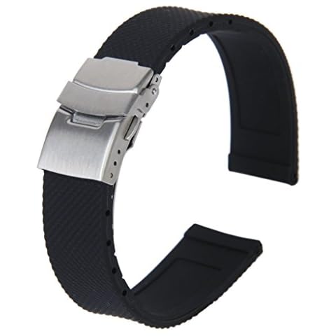 BTuregsau Watch Bands Sport Black Silicone Rubber Watch Strap Deployment Buckle Waterproof 20 mm Cover