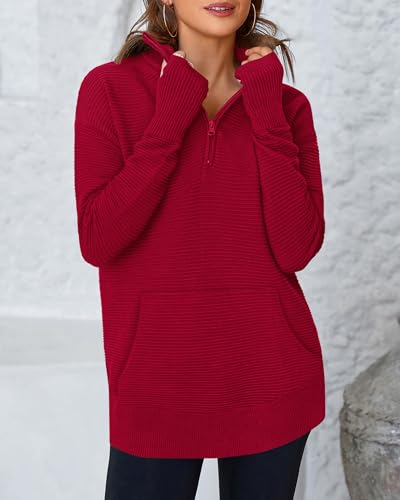 BTFBM Sweaters for Women Fall Clothes 2026 Pocket Quarter Zip Pullover V Neck Long Sleeve Knit Trendy Winter Sweater(Red, Medium) — view 4
