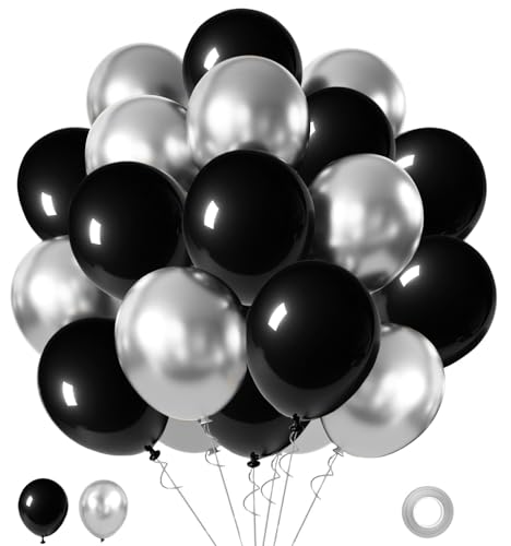 Black and Silver Balloons,65PCS 12 Inch Metallic Chrome Silver and Black Latex Balloons for Birthday Graduation Anniversary Party Decorations