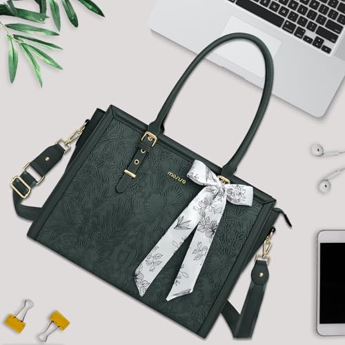 Image of MOSISO Laptop Bag for Women, PU Leather Tote Bag, Front Embossed Retro Hibiscus Computer Bags with Silk Scarf&Clutch Purse