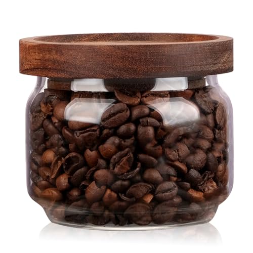 WHJY 10oz Glass Storage Containers with Wooden Lids Airtight Food Canister for Tea Sugar Dry Goods Clear Coffee Jars for Kitchen Pantry
