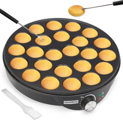 Image of SugarWhisk 24 Slots Mini Pancakes Maker, Poffertjes Maker Pan, Thin Ebelskiver Aebleskiver Pan, Electric Pancakes Maker, Dutch Pancake Machine, Browning Controllable, with Brush & Forks, Graphite