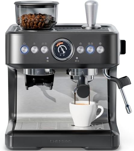 Chefman Crema Deluxe Espresso Machine with Double Boiler, Use Milk Frother and Brew Espresso Simultaneously, Professional Coffee Maker with Coffee Grinder and Steam Wand, 30 Grind Settings