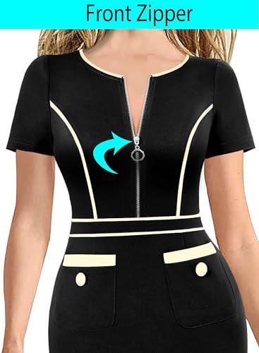 VFSHOW Womens 2024 Business Work Office Crew Neck Front Zipper Pockets Buttons Elegant Vintage Retro Bodycon Dress3