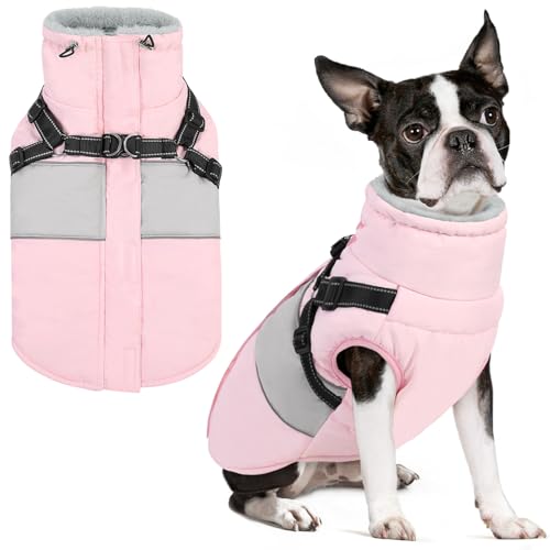 AOFITEE Hundejacke Kleine Hunde, Warm Hundemantel Winter Wasserdicht Hundemantel mit Geschirr, Reflektierende Winterjacke Wintermantel Hund mit Brustgurt Fleecemantel Hundepullover für Kaltes Wetter