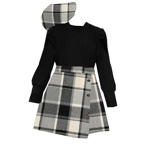 Girls Plaid Skirt Set Long Sleeve Ribbed Solid Tops Blouse and Plaid Skirt with Hat 3PCS Fall Winter Clothes