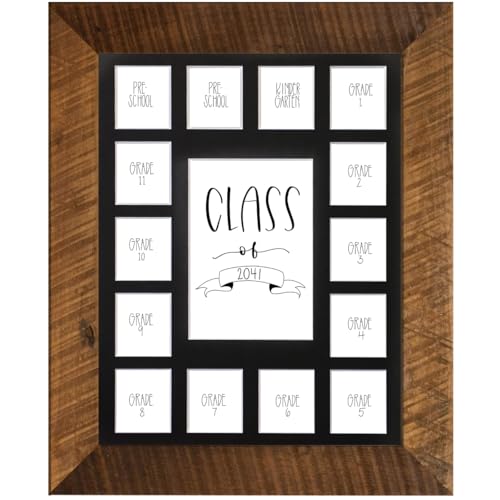 Image of Rustic Red Door Co. School Years Reclaimed Wood Picture Frame with Mat - 11x14 Wooden Framed 15 Photo Collage Mat Pre-School & Kindergarten to 12th Grade High School Graduation (Class of 2041, Black)