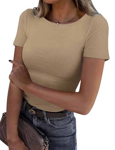GKBK Womens Short Sleeve Shirts Crew Neck Ribbed Fitted Tight Shirts Layering Top Basic Tee Tshirts Cute Summer Tops Casual Spring Clothes Outfits 2026 Trendy Khaki