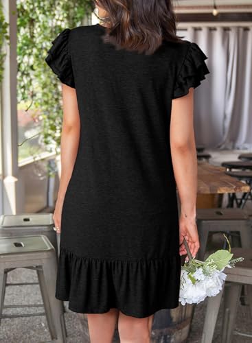 Image of Dokotoo Womens Summer Dresses 2025 Ruffle Short Sleeve Smocked V Neck Casual Loose A-Line Swing Mini Dress Sundress
