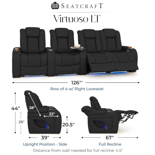 Image of Seatcraft Virtuoso LT Black Italian Leather Home Theater Seating, Zero Gravity Power Recliner, Heat and Massage, Powered Headrest and Lumbar Gaming and Home Office Chair, Row of 4 Right Loveseat
