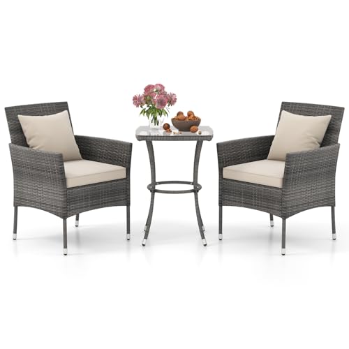 LIFEZEAL Juego de 2 Sillas de Jardín de Ratán PE y Mesa Auxiliar, Sofá con Cojines Desmontables y Mesa de Café de Cristal Templado, Set de Jardín para Tomar el Sol, Piscina y Patio (Beige)