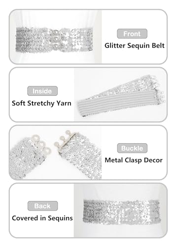 Anna-Kaci Women's Glitter Sequin Belts Stretchy Sparkly Cinch Belt Disco Party Costume Elastic Waist Accessory2