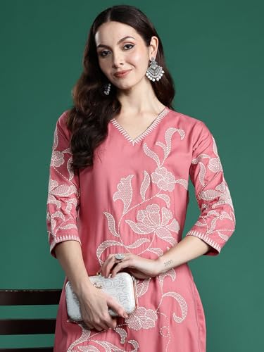 Image of INDO ERA Womens Pure Cotton Embroidered Straight Kurta Pant Set (KS0MU9861)