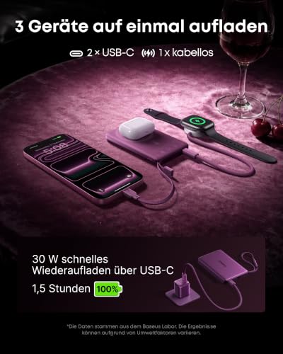 Baseus Picogo AM52 Power Bank, Qi2.2 Magsafe Powerbank 10000mAh, 25W Wireless, PD 45W Schnellladung, Integriertes USB C Kabel… – Ansicht 5