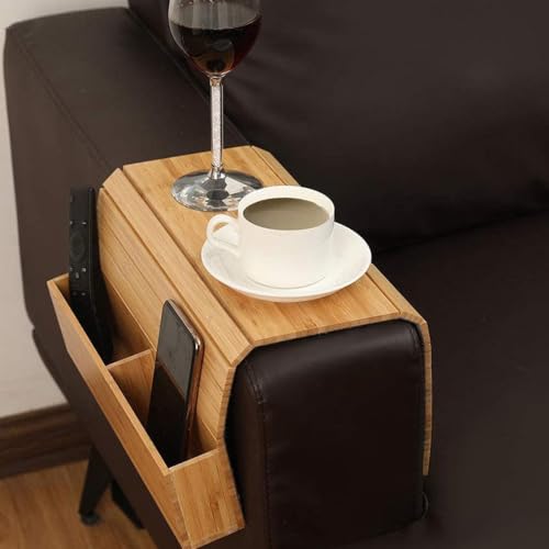 Bandeja plegable para brazo de sofá, mesa caddy de madera con portavasos útil 5