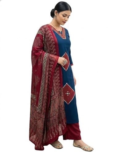 Image of BHARVITA Women's Rayon Handwork Embroidered and Printed Straight Kurta with Pant And Dupatta Sets