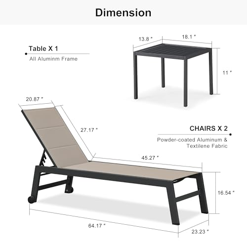 Image of PURPLE LEAF Outdoor Chaise Lounge Set of 2 with Wheels & Side Table, Camel | Double-layer Textilene with Sponge, Rustproof Aluminum Frame, 5-Position Reclining Back, Lightweight Build Easy to Move