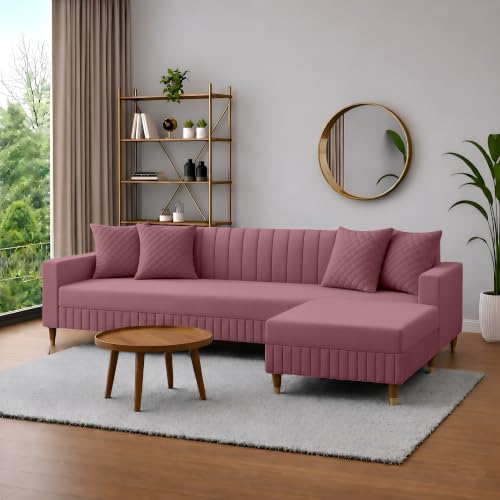 Image of AMATA Omega 4 Seater L Shape Mauve Colour Suede Velvet Fabric Sofa Set with Four Cushions Perfect for Home Office Guests Living Room (03 Move, Omega L Shape 4 SSEATER)(3 Year Warranty)