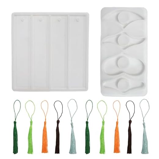 urmetimern 2 Pcs Silicone Resin Bookmark Mold Thumb Book Page Holder Mold | Rectangle Bookmark Epoxy Resin Mold Kit with 10Pcs Colorful Tassels for DIY Reading Making Supplies