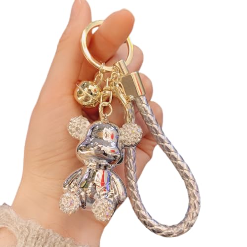 HSYHERE Women Fashionable Lovely Diamond Bear Keychain, Elegant Glossy Mirror Surface Electroplated Bear Key Ring Collection Bag Pendant New Year Christmas Valentine Gift Car Key Keyring -Silver