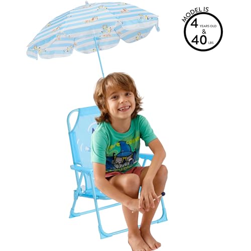 Idea Nuova Bluey Kids Outdoor Folding Beach Chair with Umbrella,Portable Camp Chair for Ages 3+, Lightweight & Compact for Beach, Camping, and Backyard