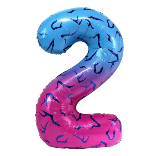 40 Inch Blue Pink Gradient Number 2 Balloon, K-pop Inspired Foil Number Balloon with Abstract Wing Tattoo Pattern for Anime Aesthetic Birthday Party, Anniversary and Fan Party Decorations (Number 2)