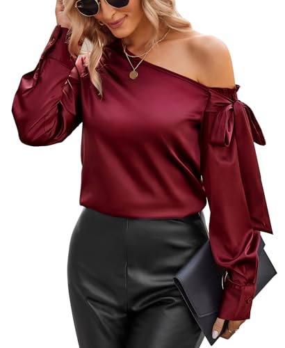 VIDUSSA Blusa de satén con hombros descubiertos de seda para mujer, blusa de satén de manga corta, cuello asimétrico, Wine Red Long Sleeve, X-Large
