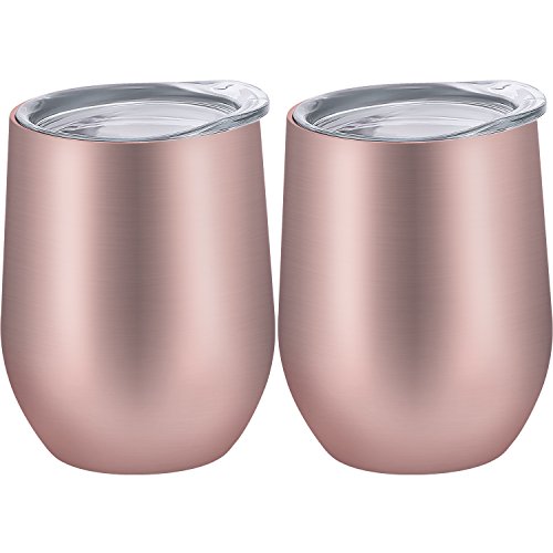 Skylety 12 oz Insulated Wine Tumbler with Lid, Stainless Steel Stemless Wine Glass