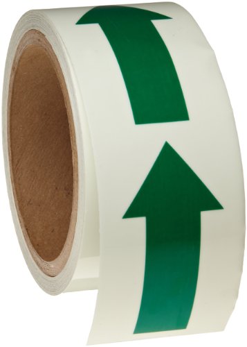 Image of Brady 90973 2 inch Width, 15' Length, Green And Phosphorescent Color Glow-In-The-Dark Arrow Tape Legend (Green Standard Style Arrow On Phosphorescent)