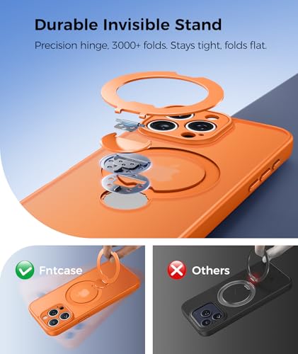 Image of FNTCASE for iPhone 15 Pro-Max Case: [360 Spin Magnetic Stand] [Compatible with Magsafe] [Screen Protector] Translucent Matte Military Grade Shockproof Full Camera Protective Phone Cover - Orange