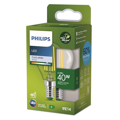 Philips Classic ultra-efficient LED ampoule classe énergétique A, équivalent 40W, drop shape, culot E14, clair, éclairage blanc neutre (4000K), nouvelle génération