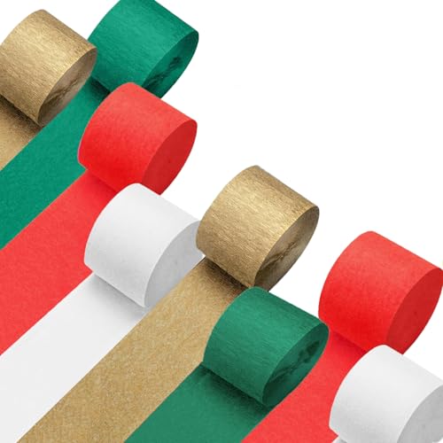 Crepe Paper Streamers 8 Rolls 656 ft Green Red Gold White Party-Decorations Christmas Streamers for Christmas Decorations New Years Streamers Party Decorations DIY (1.8 Inch x 82 Ft/Roll)