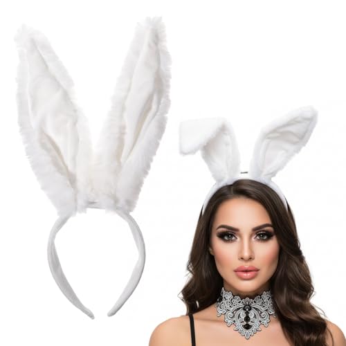 Tucnoeu Furry Cute Rabbit Ears Headbands Bunny Easter Headband White Bunny Ears Headband Easter Bunny Ears Flexible Wire Inside for Shapeable Styles for Cosplay Halloween Costume Parties